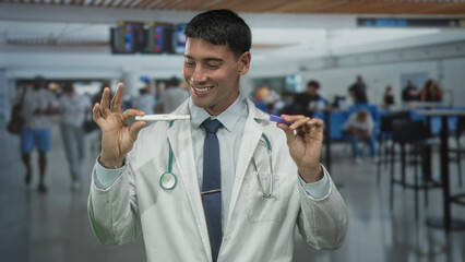 Man hispanic doctor holds pregnancy test device gently with both hands in busy airport terminal;...