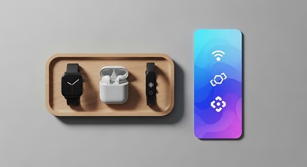 Illustration of a collection of modern gadgets including a smartwatch, earbuds, and a fitness tracker