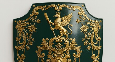 緑青輝く紋章盾 精緻な金彩装飾 優雅に立つグリフォン. AI Generated