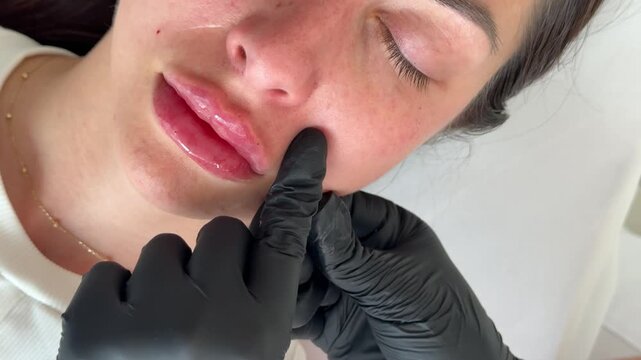 Face lifting PDO Suture operation. innovative technique of New thread lift, cosmetologist preparing to do procedure to female client, select the appropriate thread option