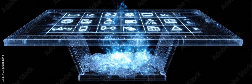Poster a holographic display features blue icons hovering over a glowing crystal surface, creating a futuri