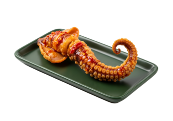 Crispy, spicy squid with tentacles, presented on a dark green plate, against a black background.