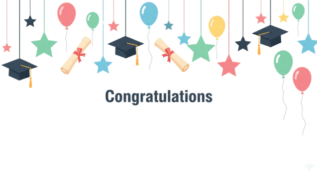 Congratulations – Graduation Celebration with Hanging Caps, Diplomas, and Balloons