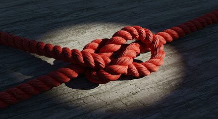 A close-up detailed view of a robust red rope tied into a secure knot on a textured wooden surface illuminated by a dramatic spotlight casting shadows