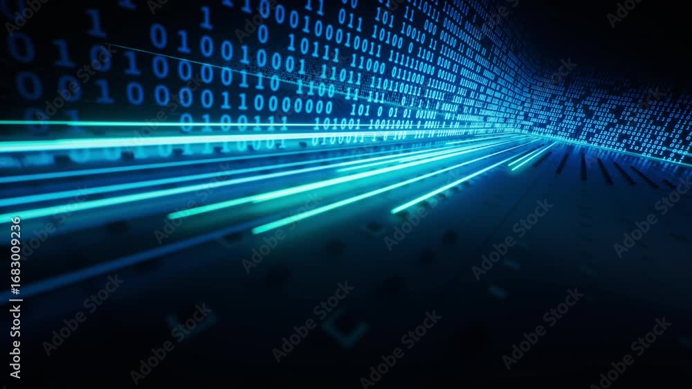 Poster flowing neon lines with binary data background, 3d rendering.