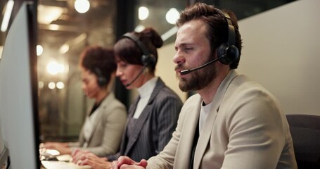 Call center, team and business people with headset in office for insurance claim, help and contact. Coworking, talking and man on computer for customer service, financial advice or online support