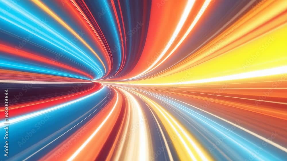 Poster dynamic colorful light speed tunnel with glowing motion trails in vibrant neon hues creating energy 