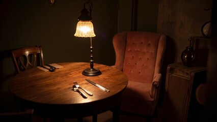 Cozy restaurant table illuminating cutlery and napkins under warm lamp light