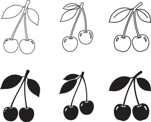 Stylized cherry illustrations showcasing outline and silhouette variations