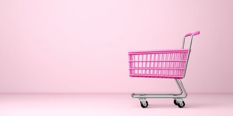 A bright pink shopping cart rests on a light pink surface against a pale pink background