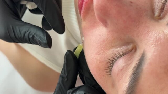 Face lifting PDO Suture operation. innovative technique of New thread lift, cosmetologist preparing to do procedure to female client, select the appropriate thread option