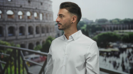 Man in white shirt looking down at coliseum building outdoors under soft sunlight; serenity...