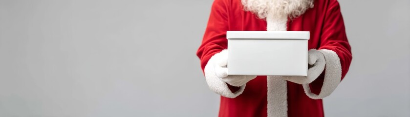 Santa Claus in costume holding a blank white gift box with both hands against a light gray background