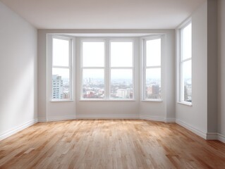 A spacious, sun-drenched room with large bay windows showcasing a city view.