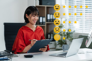 Happy Client customer experience concept. Woman recording Laptop inquiry with checkboxes, smiling...