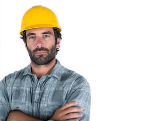 A man in a gray checked shirt and yellow hard hat, arms crossed, presents a neutral expression against a white background.