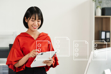 Online business contract Electronic signature, e-signing, digital document management, paperless office , working touch screen tablet.
