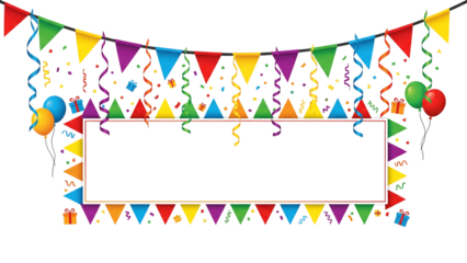 Party Celebration Border with Balloons, Gifts, and Colorful Pennants