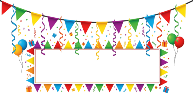 Party Celebration Border with Balloons, Gifts, and Colorful Pennants