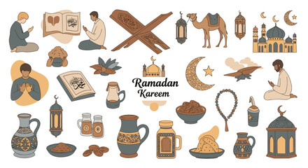Celebrate Ramadan with prayer, dates, camel, mosque, and crescent moon symbols.