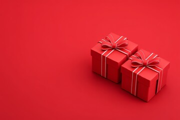 Two red gift boxes with white ribbon bows sit against a solid red background