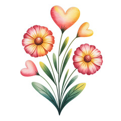 Watercolor floral design with heart-shaped blossoms for love and romance