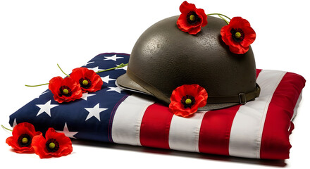 Remembrance: US Flag, Military Helmet, Poppies - A Tribute to Veterans
