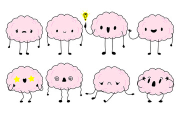 Sad tired burnout depression brain cartoon character set. Brain with low charge, depression, burnout, lack energy and power with high energy. Stock vector illustration isolated on white background.