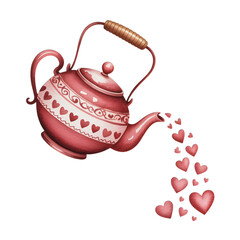 Decorative teapot pouring hearts, perfect for Valentine's Day or romance themes