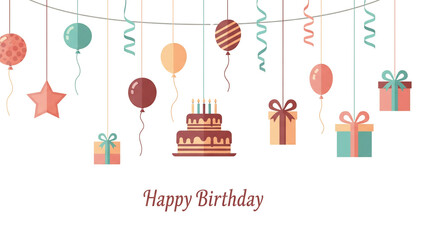 Happy Birthday – Chocolate Cake Celebration with Balloons and Streamers