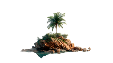 Tropical island with palm tree, isolated on transparent background