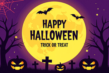 Halloween Night Party Poster with Spooky Graveyard and Pumpkins.