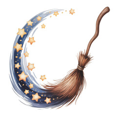 Magical witch broom soaring through starry night sky with whimsical style