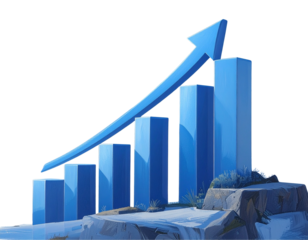 Blue 3D Bar Graph with Rising Arrow Symbol, isolated on transparent background PNG