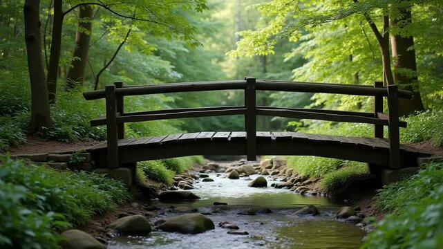 old wooden bridge over a small stream in a park
