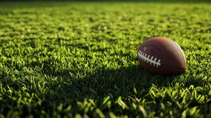 A well-lit, close-up view of a football resting on a vibrant field of fresh green grass.