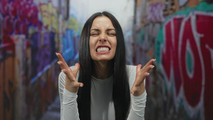 Woman expressing frustration in urban graffiti street wearing white shirt with vibrant colors around