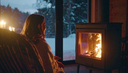 Woman in robe relaxes by fireplace, winter landscape visible through window