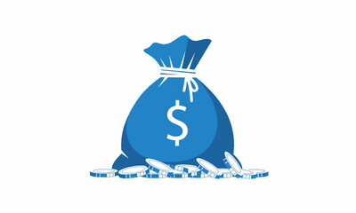 Blue money bag with dollar sign and scattered coins, tied with a white string, flat illustration.