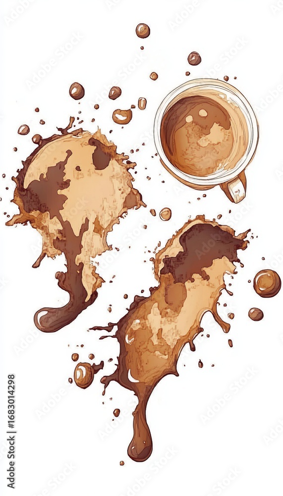 Poster artistic representation of spilled coffee creating unique stains on a clean floor surface
