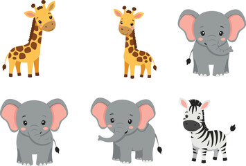 Adorable collection of baby safari animals: cute giraffe, playful elephant, and charming zebra, perfect for kids' designs and educational content.