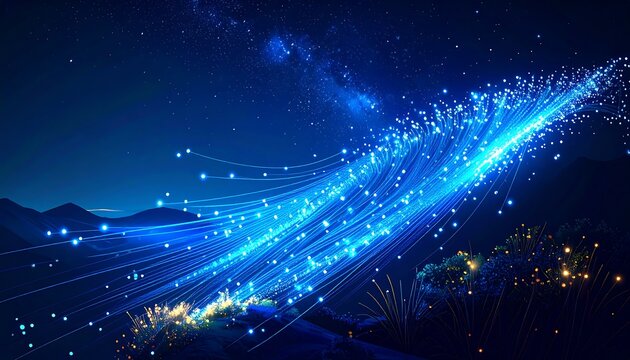 A vibrant illustration of a night sky and landscape Glowing blue trails emanate from a point in the distance flowing ac. - Powered by Adobe