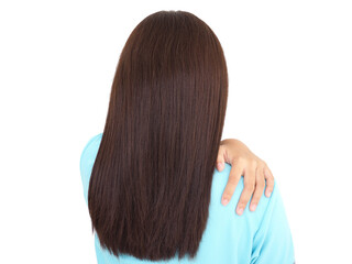 Woman having shoulder and neck pain on white background. Muscle painful due to myofascial pain...