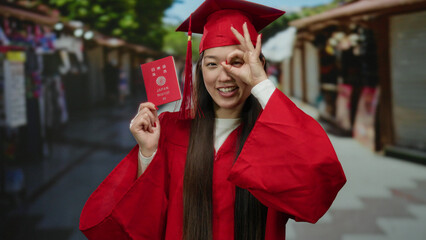 Japanese woman in graduation gown holds passport while standing outdoors in a street market...