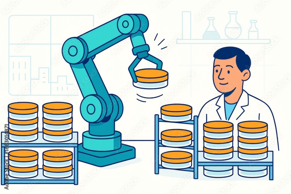 Poster robotic arm handling petri dishes in laboratory with scientist overseeing process on light abstract 