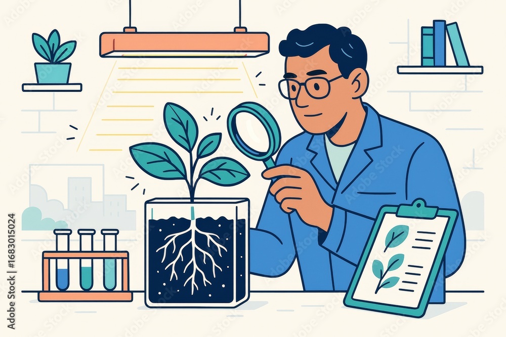 Poster scientist examining plant growth under artificial light with clipboard and test tubes in a modern la