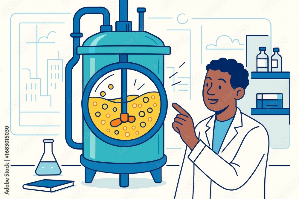 Poster scientist pointing at bioreactor in lab with yellow fluid, illustrated in modern flat style on light
