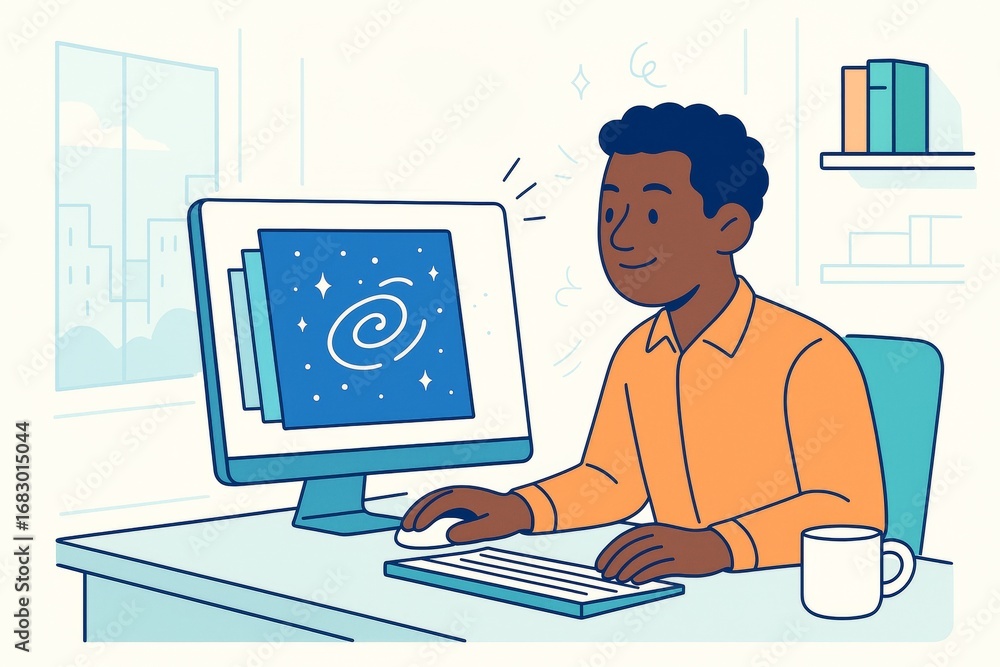 Aufkleber man using desktop computer with cosmic image on screen in bright room interior, light background, di