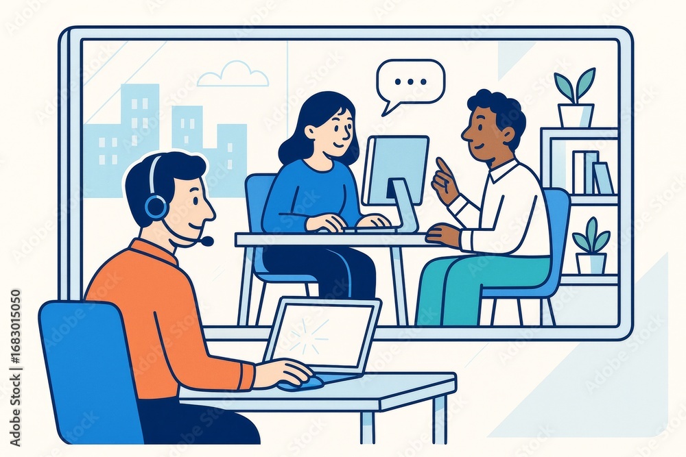 Aufkleber online communication with colleagues through video conferencing in a modern office environment with 