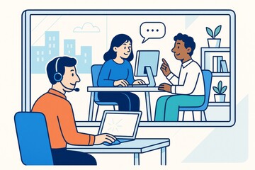 Online communication with colleagues through video conferencing in a modern office environment with light abstract background. Ai generative